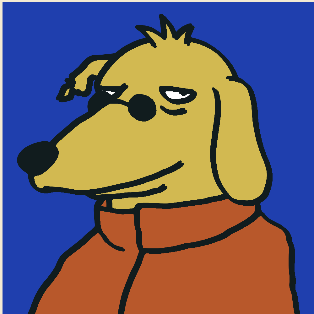 Sundog, a sly yellow dog in small round sunglasses and a rust coat, on cobalt.